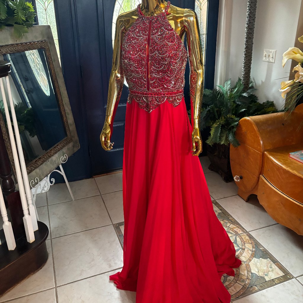 Red Beaded Halter Formal Dress - Size 18 - With Crystal Detail
